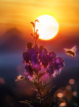 A captivating close-up of a bee pollinating vibrant flowers against a stunning sunset backdrop.
